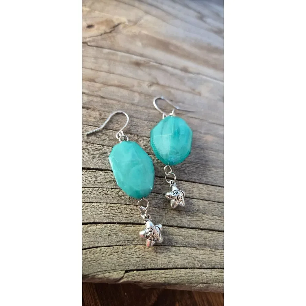 Recycled Aqua Acrylic Bead Dangle Earrings with Silver Tone Chinese Symbol